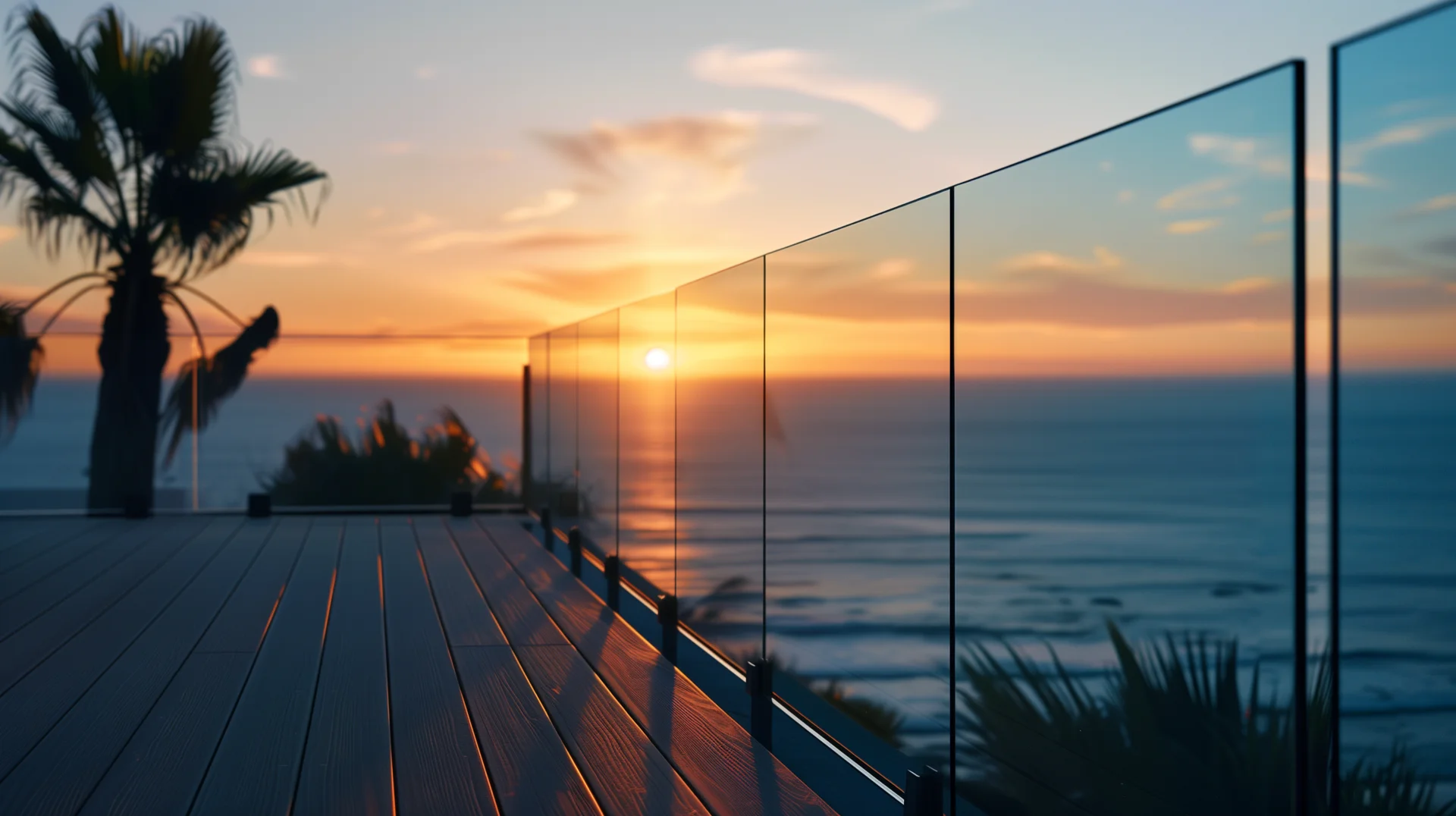 Glass railing on an oceanfront deck at golden hour in Southern California