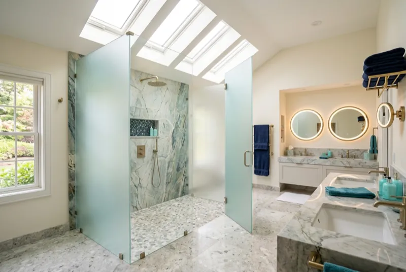 Frosted frameless shower enclosure with privacy glass, Southern California bathroom remodel